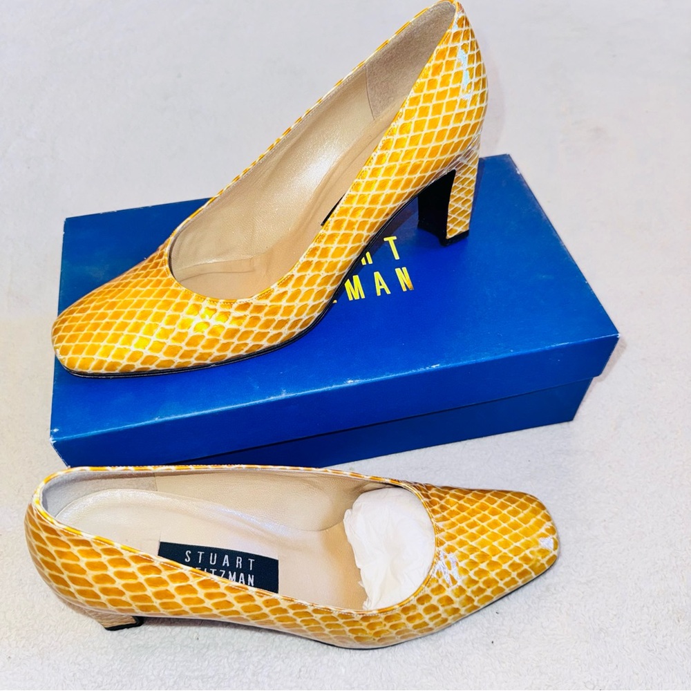 Vintage Stuart Weitzman Pumps Yellow Faux Snakeskin Square Block Heel Sz 8.5